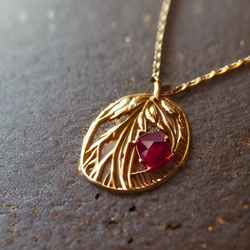 Prompt: macro shot of an intricately detailed!!! golden necklace with an embedded ruby gem, lying on a oak table indoors, sunlit day, f 0. 4