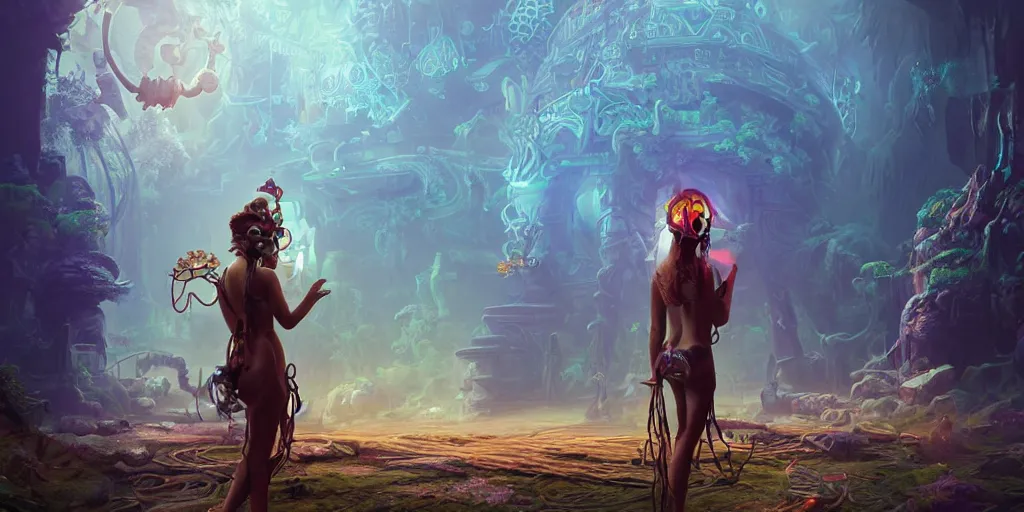 Image similar to 3 d scene of temple portal modelling goddess close - woodsman wearing a steampunk and neonpunk mechanical fluorescent mystical animal mask in strange misty mountain landscape. betta fish, jellyfish phoenix, bio luminescent, plasma, ice, water, wind, creature, artwork by tooth wu and wlop and beeple and greg rutkowski