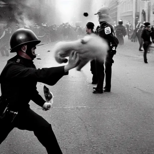 Prompt: a young man throwing a rabbit at a riot cop, leica m 9, voigtlander 3 5 mm, 1 9 6 0 s