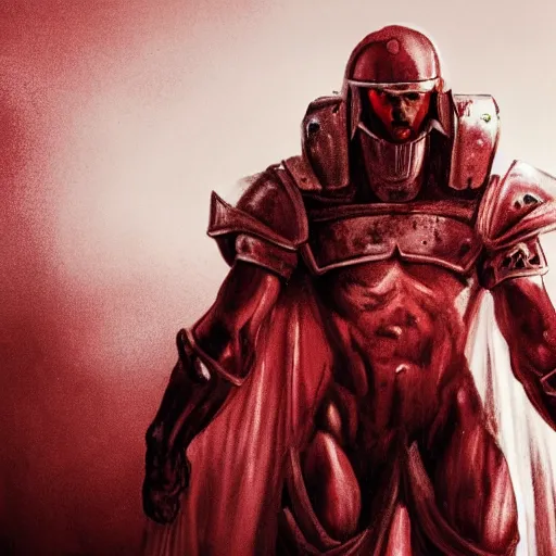 Image similar to a tall muscular soldier, wearing blood - spattered glossy sleek white dinged scuffed armor and a long torn red cape, heroic posture, determined expression, gritty, no helmet, on the surface of mars, dramatic lighting, cinematic, sci - fi, hyperrealistic, detailed