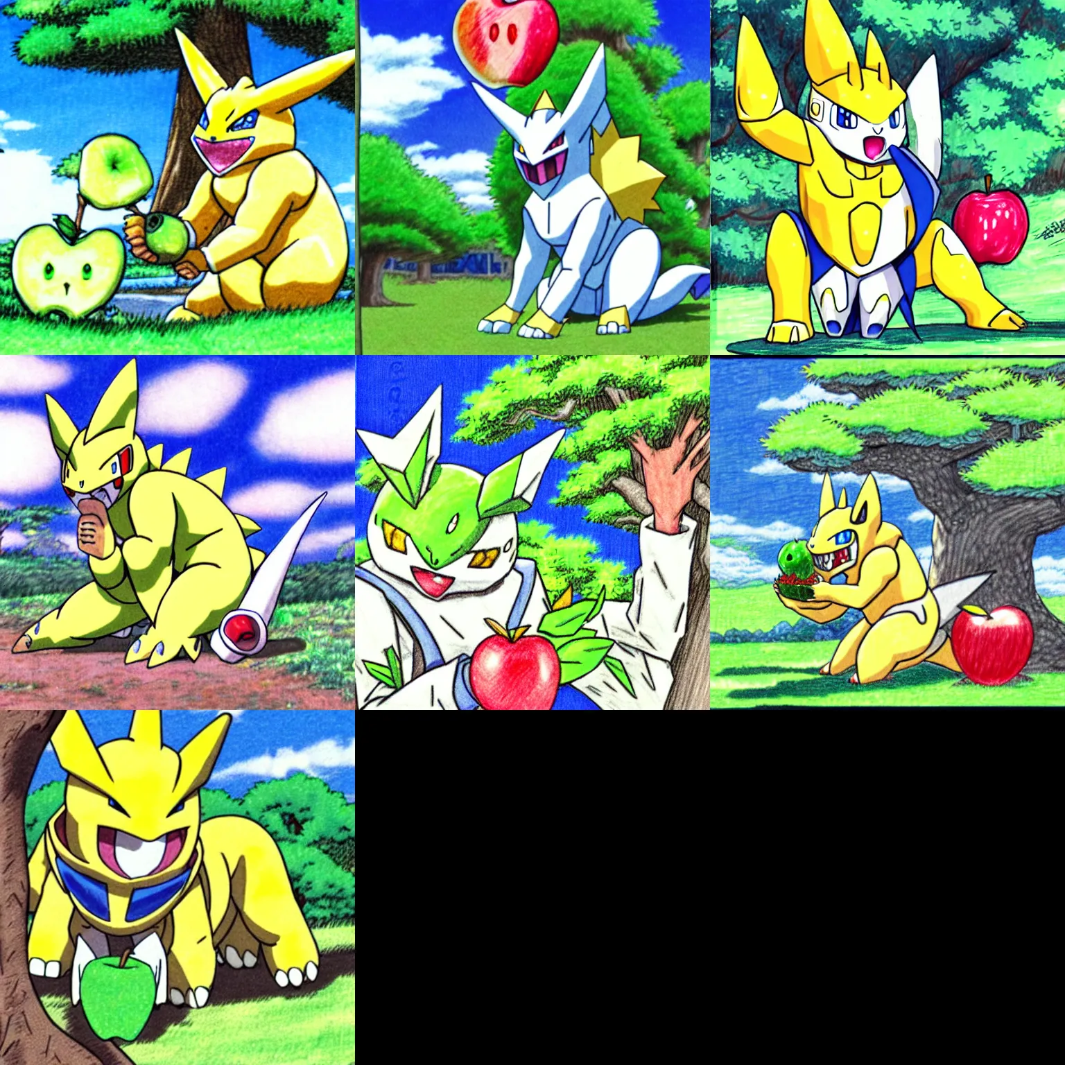 Prompt: Gabumon under a tree eating an apple drawn by Ken Sugimori