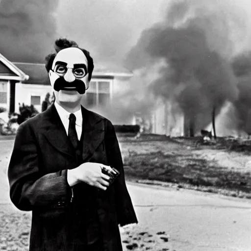 Prompt: a photo of a house burning down in the background and groucho marx with an eerie expression in the foreground, strong depth of field