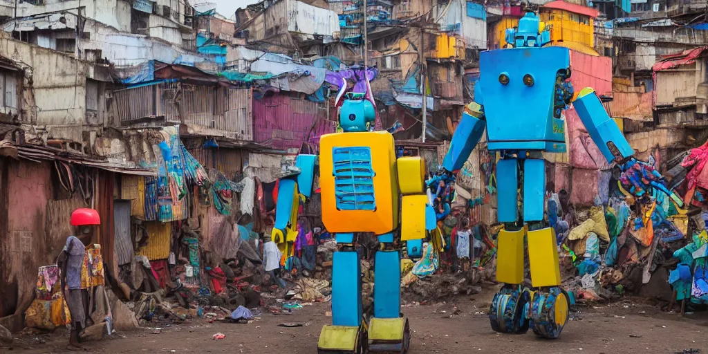 Prompt: colourful giant mecha ROBOT of AJEGUNLE SLUMS of Lagos, markings on robot, slums are neon lit, Night time,