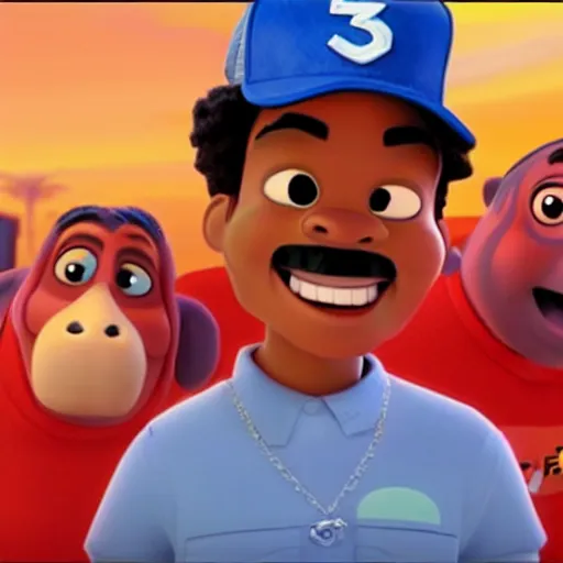 Image similar to a tv still of Chance The Rapper starring in a 2006 Pixar Animated movie