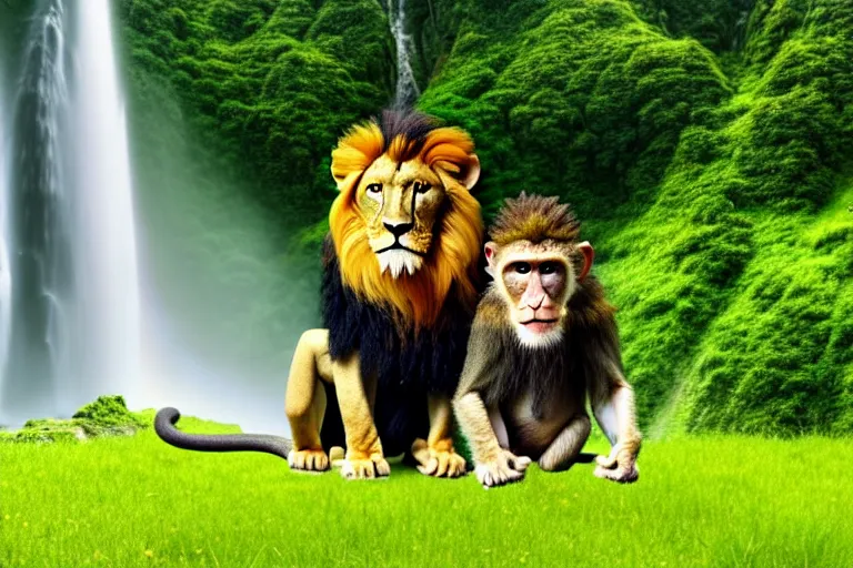 Prompt: two animals : a lion and a monkey, sitting in a meadow with a waterfall in the background, many details, high quality, 8 k