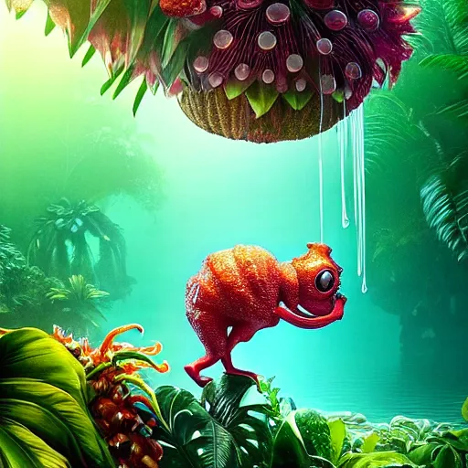 Prompt: tropical fruit creature in a lush trunda candyland vegetation, water reflection, night, backlit, warm tones, bioluminescent : by michal karcz, daniel merriam, victo ngai and guillermo del toro : ornate, dynamic, particulate, intricate, elegant, highly detailed, centered, artstation, smooth, sharp focus, octane render