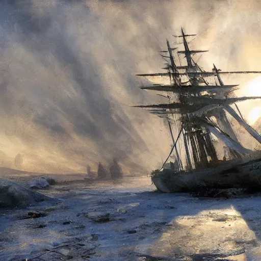 Prompt: an imposing leaning tallship shipwreck covered in ice dramatic light, painted by anders zorn and craig mullins