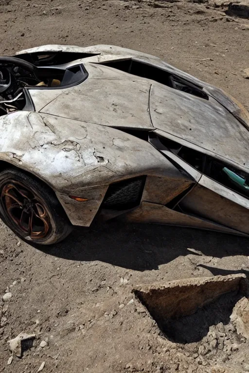 Image similar to Fossilized Lamborghini Aventador found in ancient archeological dig, national geographic photo.