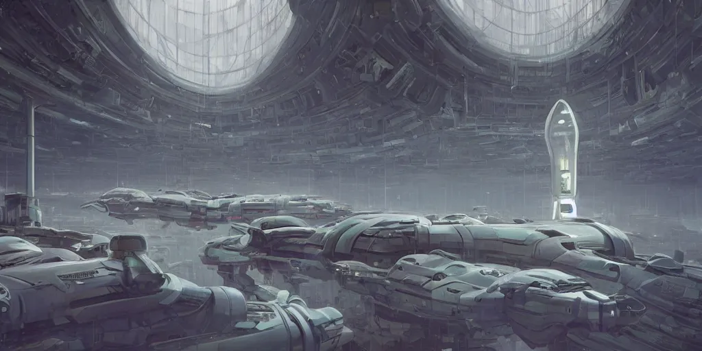 Image similar to one thousand aligned cryogenic pods, symmetrical, futuristic decoration, sci-fi, cryogenic pods, many cryogenic pods, wide shot, matte painting, oil painting, dark sci-fi, by Sergey Kolesov, Tristan Eaton, James Gurney, greg rutkowski.