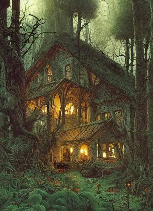 Image similar to hyper realistic witch cottage rococo in the woods gorgeous lighting, highly detailed, lush forest painting by zdzisław beksinski and norman rockwell and greg rutkowskiweta studio, and lucasfilm