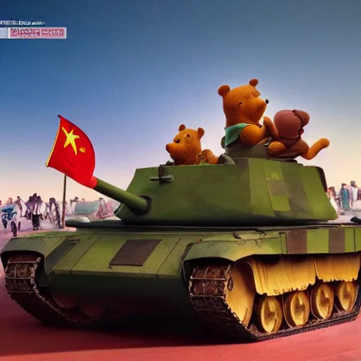 Prompt: aerial drone photography of winnie the pooh sitting in front of chinese type 5 9 battletank at 1 9 8 9 tiananmen square protest, highly detailed, photorealistic, octane render, 8 k, unreal engine. art by artgerm and greg rutkowski and alphonse mucha, epic vibrant