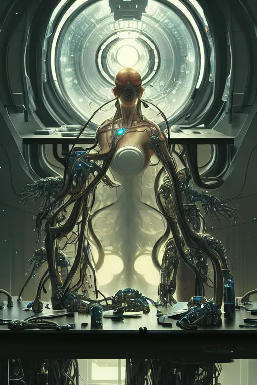 Image similar to ultra realistic, a cybernetic human nervous system is spread over a lab table, sci - fi, intricate details, eerie, highly detailed, octane render, 8 k, art by artgerm and alphonse mucha and greg rutkowski