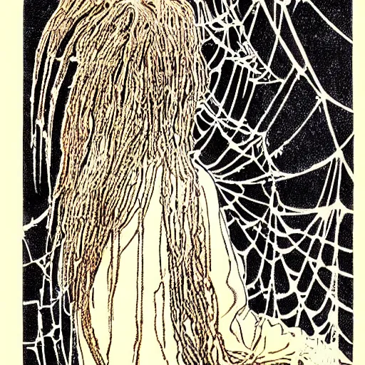 Image similar to a girl with a spider, colored woodcut, print, by Mackintosh, art noveau, by Ernst Haeckel, by Tsutomu Nihei