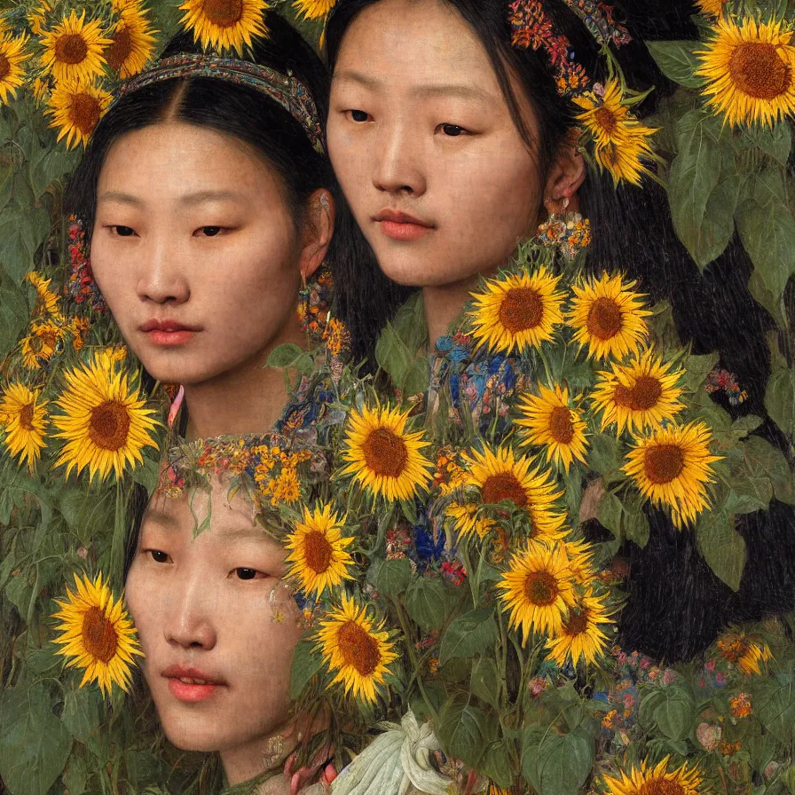 Prompt: a young tibetan woman wearing colourful face paint surrounded by bright intricate patterns of sunflowers and other plants, by edgar maxence and caravaggio and michael whelan, intricate painting, hyperrealistic, finely detailed and beautiful aesthetic face, 8 k resolution