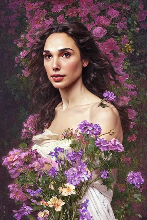 Image similar to portrait of gal gadot as beautiful mysterious woman holding a bouquet of flowing flowers, hands hidden under the bouquet, fantasy, regal, intricate, by stanley artgerm lau, greg rutkowski, thomas kindkade, alphonse mucha, loish, norman rockwell