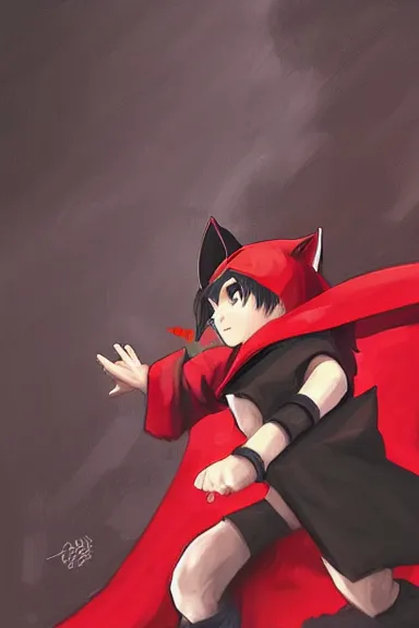 Prompt: little boy with cat ears in an black outfit with red cape. digital artwork made by lois van baarle and kentaro miura and marc simonetti and sakimichan, sharpness focus, inspired by hirohiko araki, anatomically correct, heroic composition, hero pose, smooth