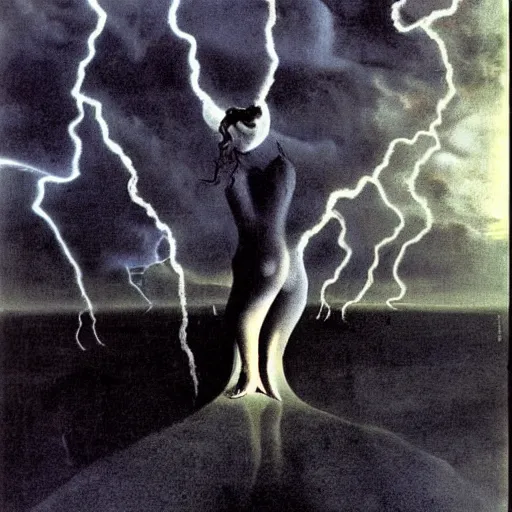 Image similar to all my worries as creatures climbing on my back, whispering on my ear every mistake. Dark, eerie, scary, dramatic lightning, by dali