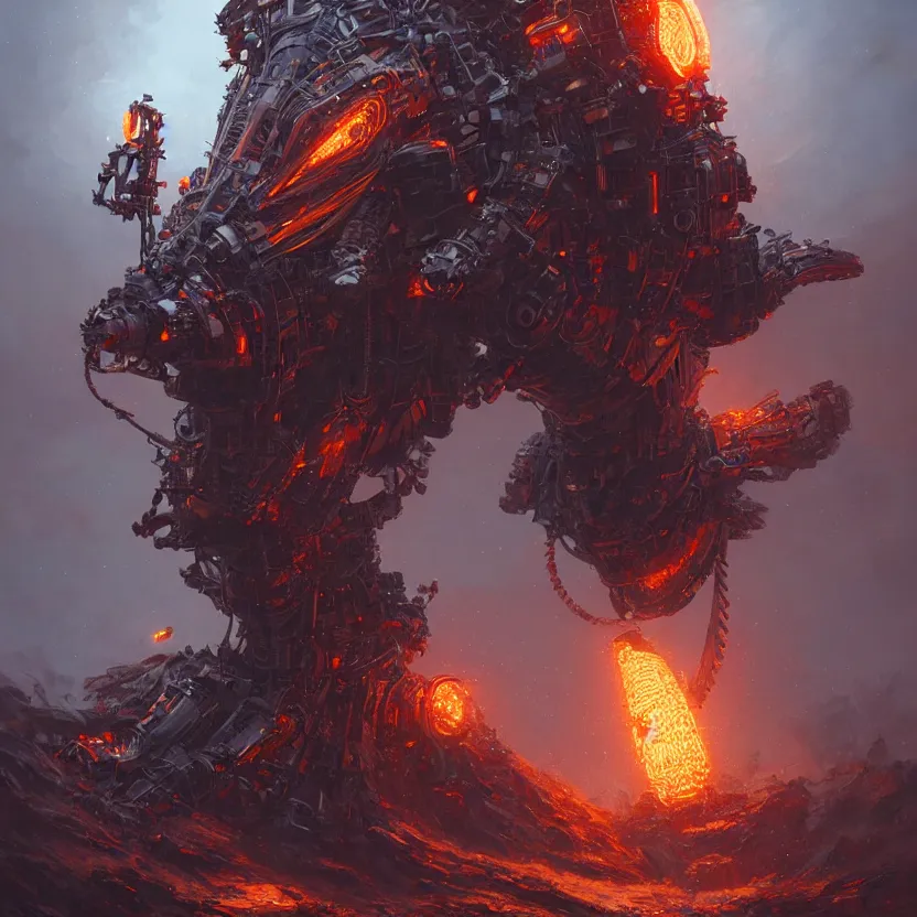 Prompt: ultra realist intricate humanoid mechanical robot volcano tiki god, art style greg rutkowski, craig mullins, mohrbacher, zaha hadid, hiraku tanaka, exuberant, elite, elegant, extravagant, cgsociety, ambient key art, octane rendering, unreal engine, weta digital, structures ray tracing