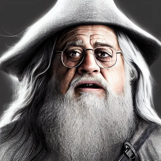 Image similar to ultra realistic illustration, danny devito as gandalf the white from lord of the rings movie, full body, high quality, highly detailrd, wide angle, illustration, digital art, full color