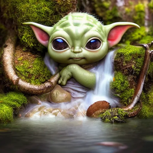 Image similar to tom bagshaw, beautiful kawai miniature baby yoda posing, mythical shrine, soft painting render curiosities carnival pond river vegetation rocks bugs wildlife mushrooms covered moss bioluminescent wisps, beautiful stunning waterfall, accurate features, focus, very intricate ultrafine details, random volumetric lighting, fog, award winning masterpiece, octane render 8 k hd, artstation