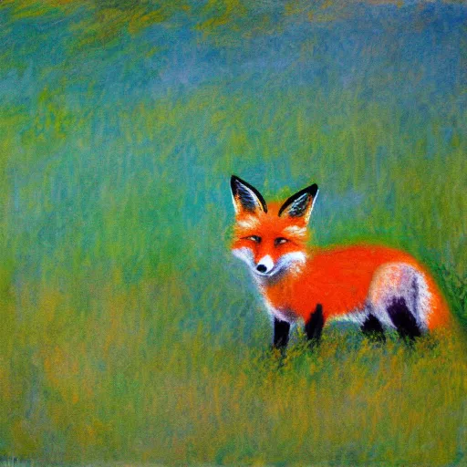 Prompt: a painting of a fox sitting in a field at sunrise in the style of claude monet