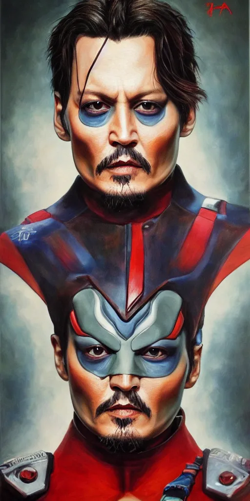 Prompt: realistic Portrait painting of a Johnny Depp as Ultraman Taro, made by Gustave Courbet, physical painting, digital art, bright colors,upper body,fine art, trending on Artstation, unreal engine.