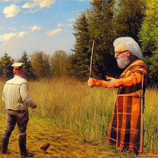 Prompt: Gary Gygax in earflaps stands in the middle of the field, Rye (Shishkin), painting by Ivan Shishkin, Ernest Gary Gygax face, painting by Valentin Serov, oil painting