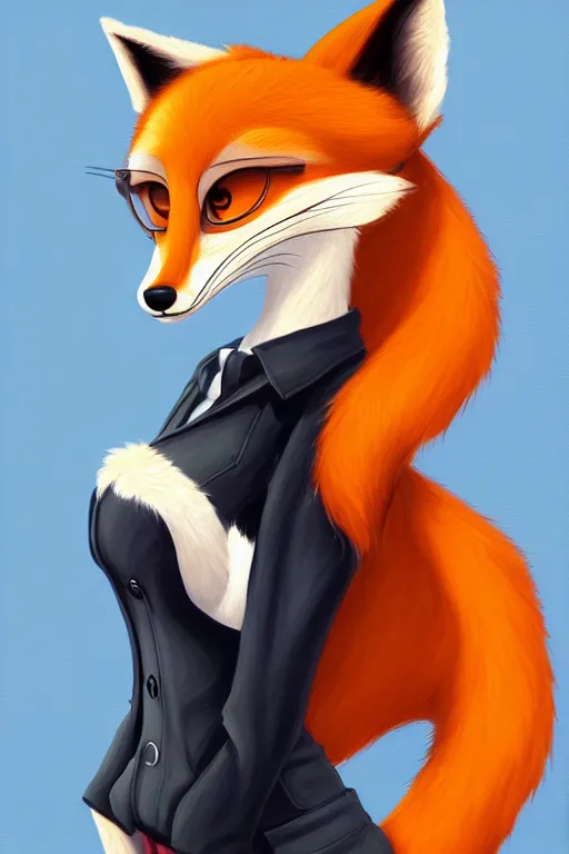 Image similar to oil painting of anthromorphic female fox, in style of zootopia, female fursona, furry, furaffinity, 4 k, deviantart, furry art, fursona art, wearing black business suit, business suit, fox fursona, female, smug expression,