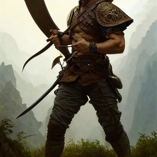 Image similar to portrait of a young rugged ranger holding his longsword up, hands, muscular, upper body, D&D, fantasy, intricate, elegant, highly detailed, digital painting, artstation, concept art, smooth, sharp focus, illustration, art by Artgerm and Greg Rutkowski and Alphonse Mucha