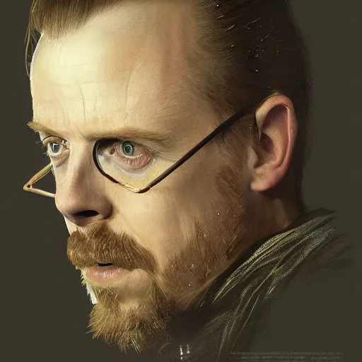 Image similar to portrait of simon pegg in the london of suburbs, winchester rifle, zombie apocalypse, joyful smirk, intricate, elegant, highly detailed, digital painting, artstation, concept art, matte, sharp focus, illustration, art by artgerm and greg rutkowski and alphonse mucha