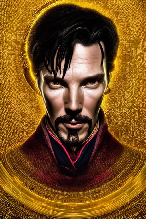 Prompt: Portrait of a doctor strange with dark hair, elegant, photorealistic, highly detailed, artstation, smooth, sharp focus, gold ornaments, neon lighting, sci-fi, art by Klimt
