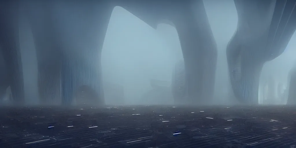 Prompt: an abandoned dystopian city of parametric architecture, technopunk, by federico pelat and james paick and zaha hadid, concept art, hyperrealism, 8 k resolution, octane render, cinematic, ominous, dramatic, volumetric lighting, misty