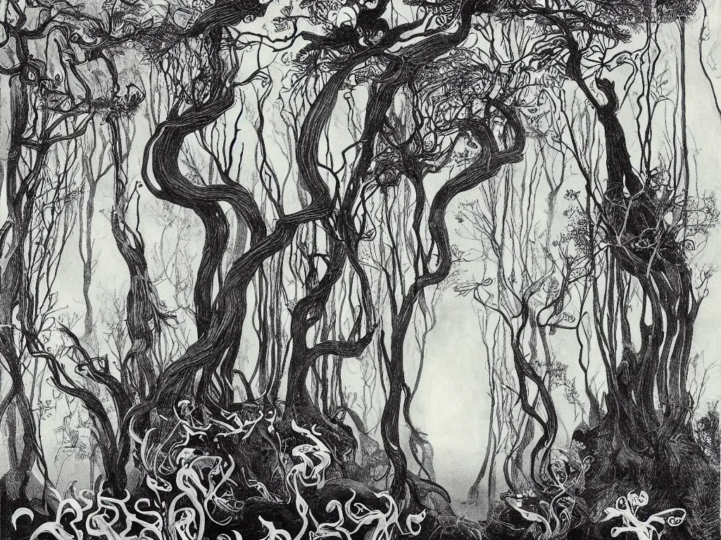 Image similar to illustration forest, artstation, by aubrey beardsley, by caspar david friedrich, by laurie lipton, by kay nielsen, by ivan shishkin, calligraphy, divine, paradox, mycelium, as symbol of soul - journey!, terrifying wilderness, witchcraft!, hope