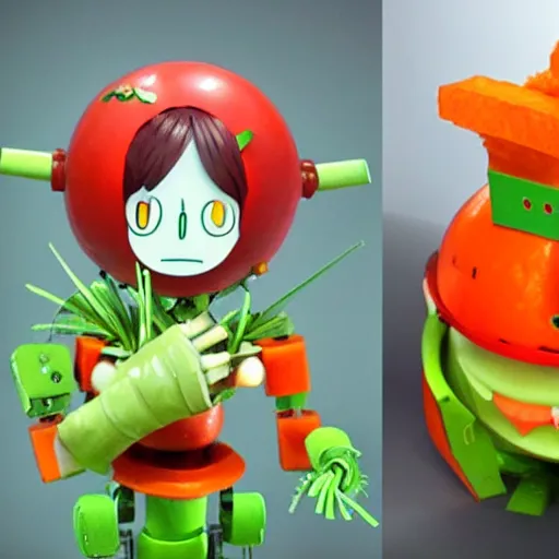 Image similar to robot made of vegetables, tomato head and a carrot sword, made in abyss style