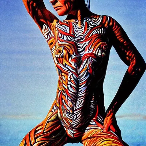 Image similar to stylized bodypaint by paul signac, photography. very detailed human form.