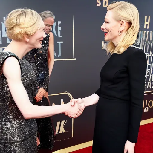 Image similar to cate blanchet shaking hand with cate blanchett 4k