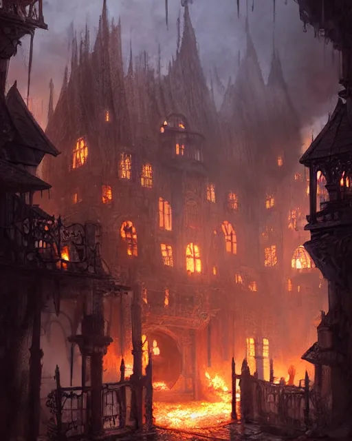 Prompt: robust fantasy castle courtyard burned to the ground, fiery ambient, uplifting mood, ultra realistic, sad, small buildings, highly detailed, epic lighting, illuminated, cinematic, morning, art by eddie mendoza