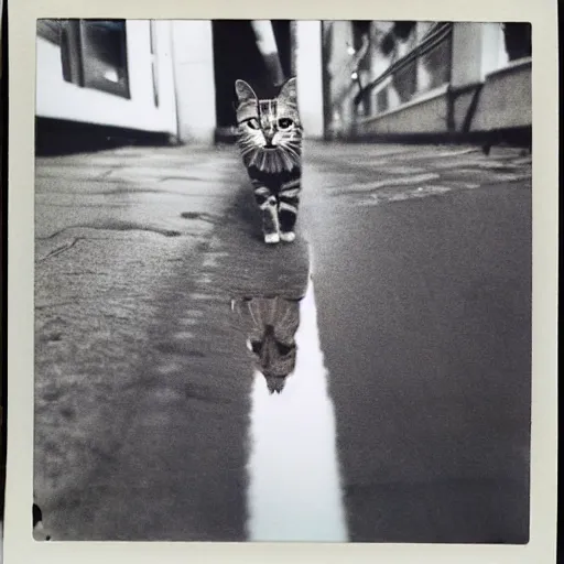 Prompt: wide-shot eyesight first-person!!! reflection!!! of a cat drinking water from the puddle at the street, polaroid photo, by Andy Warhol, signed