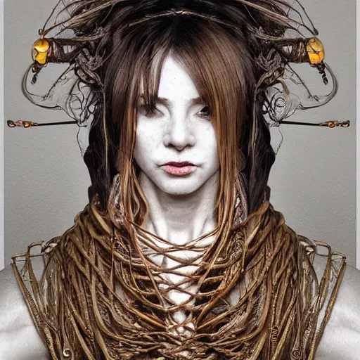 Image similar to portrait of a Shibari rope wrapped face and neck, headshot, insanely nice professional hair style, dramatic hair color, digital painting, of a old 15th century, old cyborg merchant, amber jewels, baroque, ornate clothing, scifi, realistic, hyperdetailed, chiaroscuro, concept art, art by Franz Hals and Jon Foster and Ayami Kojima and Amano and Karol Bak,