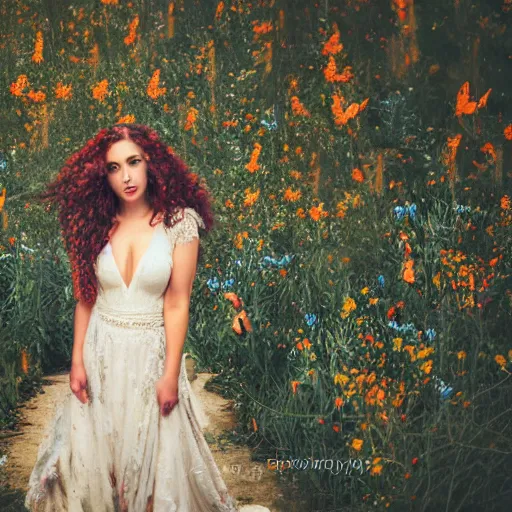 Prompt: a portrait of a woman with curly long hair and birds all around her, there's flowers everywhere, very beautiful ambient light with sun rays hitting her hair, 8k photography, wedding photography