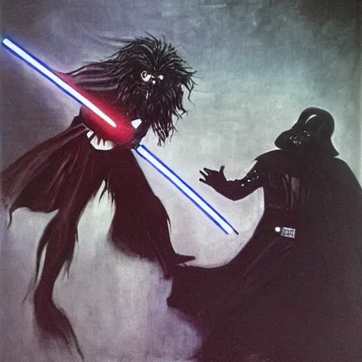 Prompt: morbius fighting darth vader. mexico city. by da vinci.