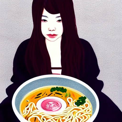 Image similar to beautiful japanese female model eating ramen soup portrait in the style of art anya taylor - joy