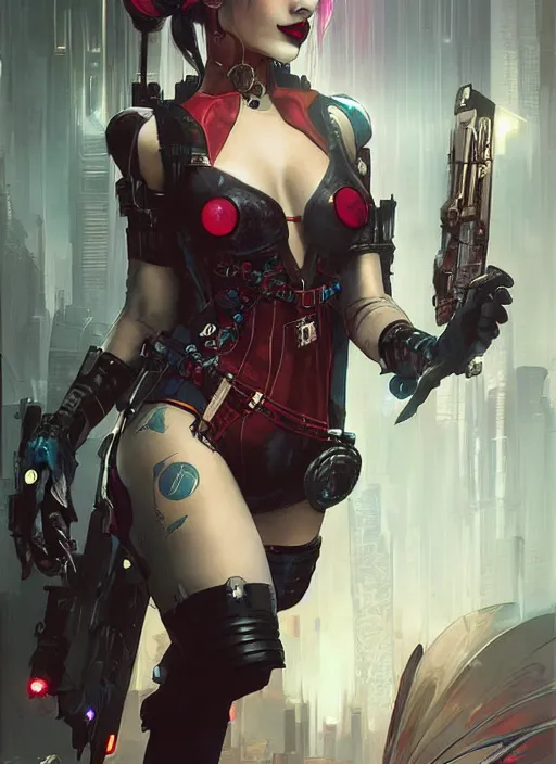 Prompt: a beautiful illustration of cyberpunk harley quinn with pointy ears, intricate, sharp focus, illustration, highly detailed, digital painting, concept art, matte, art by wlop and artgerm and greg rutkowski and alphonse mucha, masterpiece