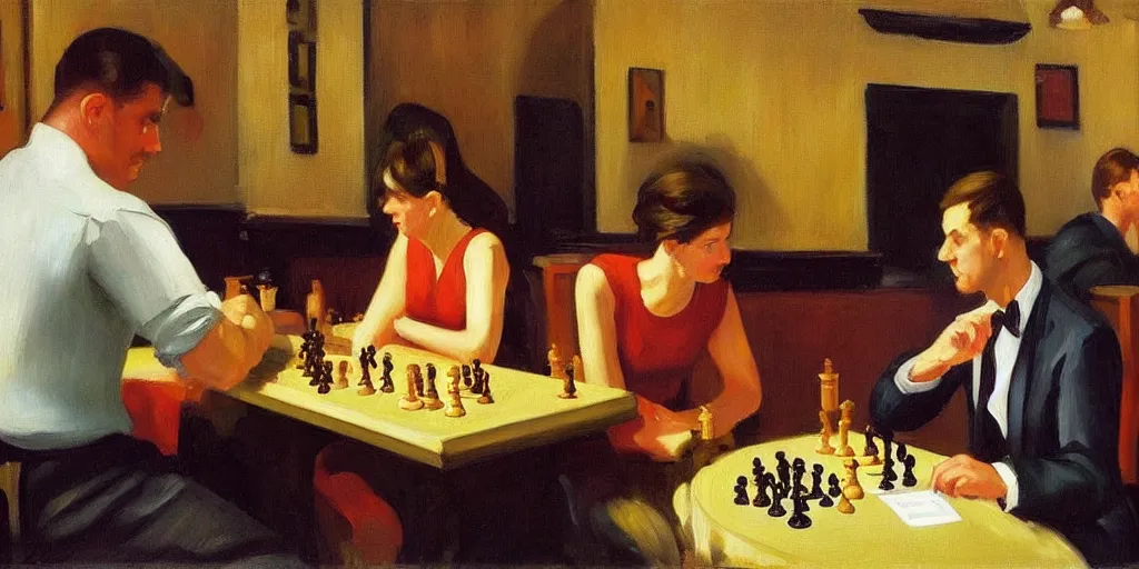 Prompt: a men play chess with a woman in a bar, oil painting, realistic painting, art by edward hopper,