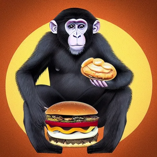 Prompt: “ a monkey with hair like Trump sitting on a pile of garbage eating a hamburger”