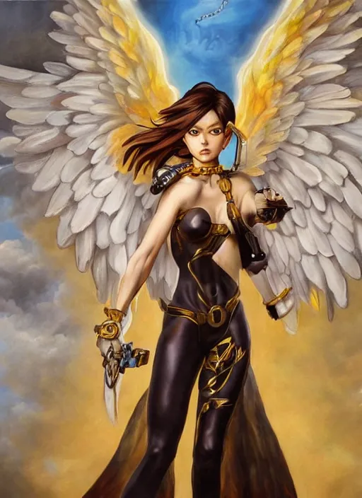 KREA - full body oil painting of tracer overwatch in the style of artgerm,  angel wings, angelic golden armor, dramatic painting, symmetrical  composition, ornate, high detail, gold detailed collar!!!!!, blooming,  lights, flowers