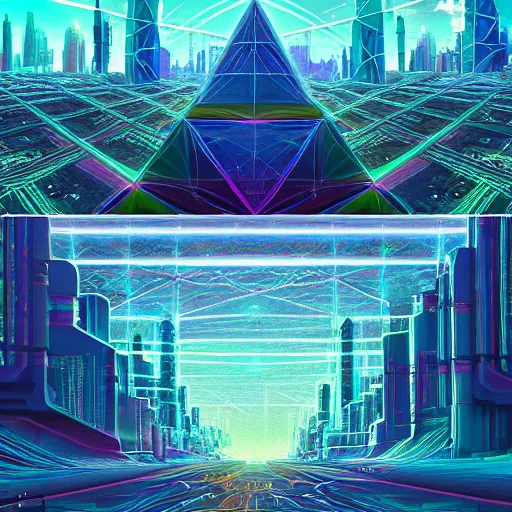 Image similar to matte painting of the sacred geometry of cyberpunk, brilliant colors, extremely detailed, very very detailed, in the style of alena aenami by Alex grey, HD, 4k, 8k