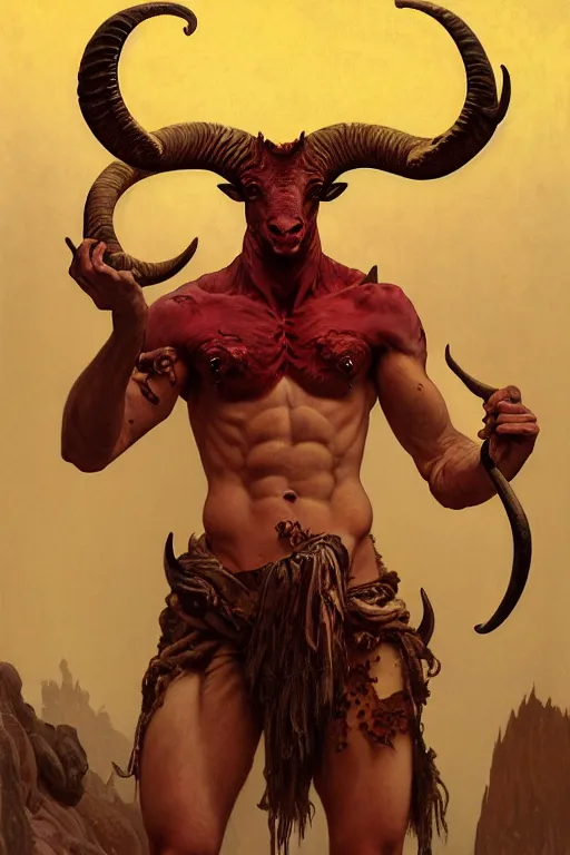 Prompt: portrait of a beautiful young fit male demon with ram horns, scaly torso, goat legs, hellish scene, by greg rutkowski and alphonse mucha, d & d character, gradient red to yellow, in front of an hellish landscape background, highly detailed portrait, digital painting, artstation, concept art, smooth, sharp focus ilustration, artstation hq