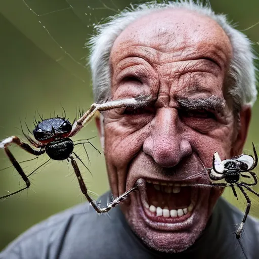 Image similar to National Geographic photo of angry old man with spiders in his mouth