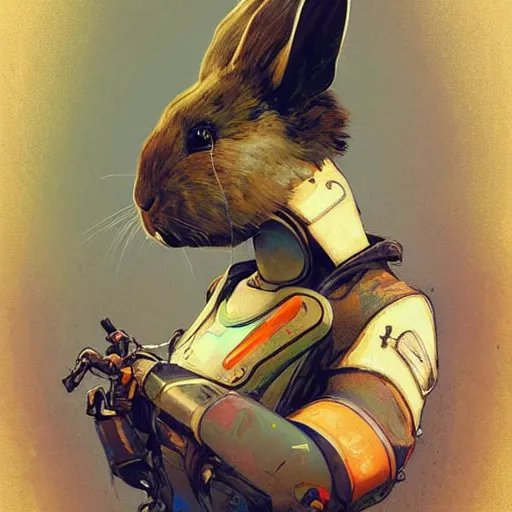 Image similar to grungy rabbit hare that is half robot illustration by greg rutkowski, thomas kindkade, alphonse mucha, cyborg bunny, norman rockwell. Trending on artstation.